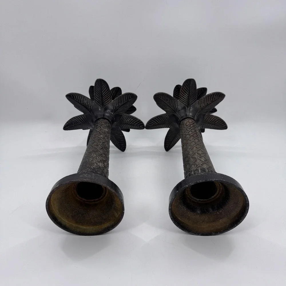 Vintage Iron Palm Tree Candle Holders Pair 15